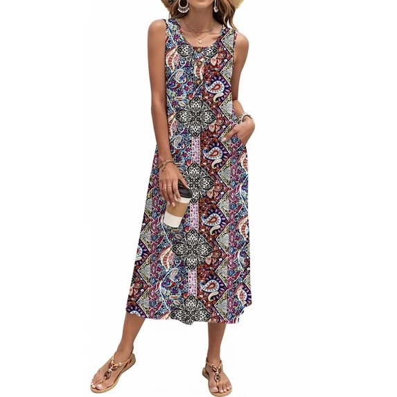 Fantaslook Long Tank Dresses for Women Summer Sleeveless Button Down Dress Casual Loose Beach Vacation Sundress