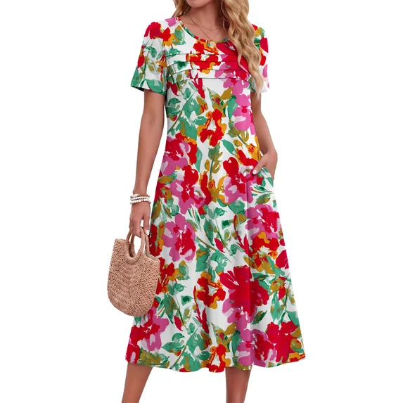 Fantaslook Pleated Summer Dresses for Women Short Sleeve A Line Midi Dress Flowy Floral Sundress Casual Dress with Pockets