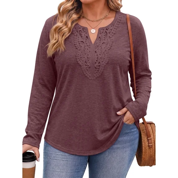 Fantaslook Lace Plus Size Tops for Women Long Sleeve V Neck Blouses Fall Tunic Shirts L-5XL