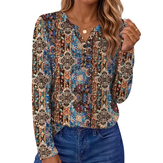 Fantaslook Henley Long Sleeve Shirts for Women Casual V Neck Fall Tops Dressy Work Blouses