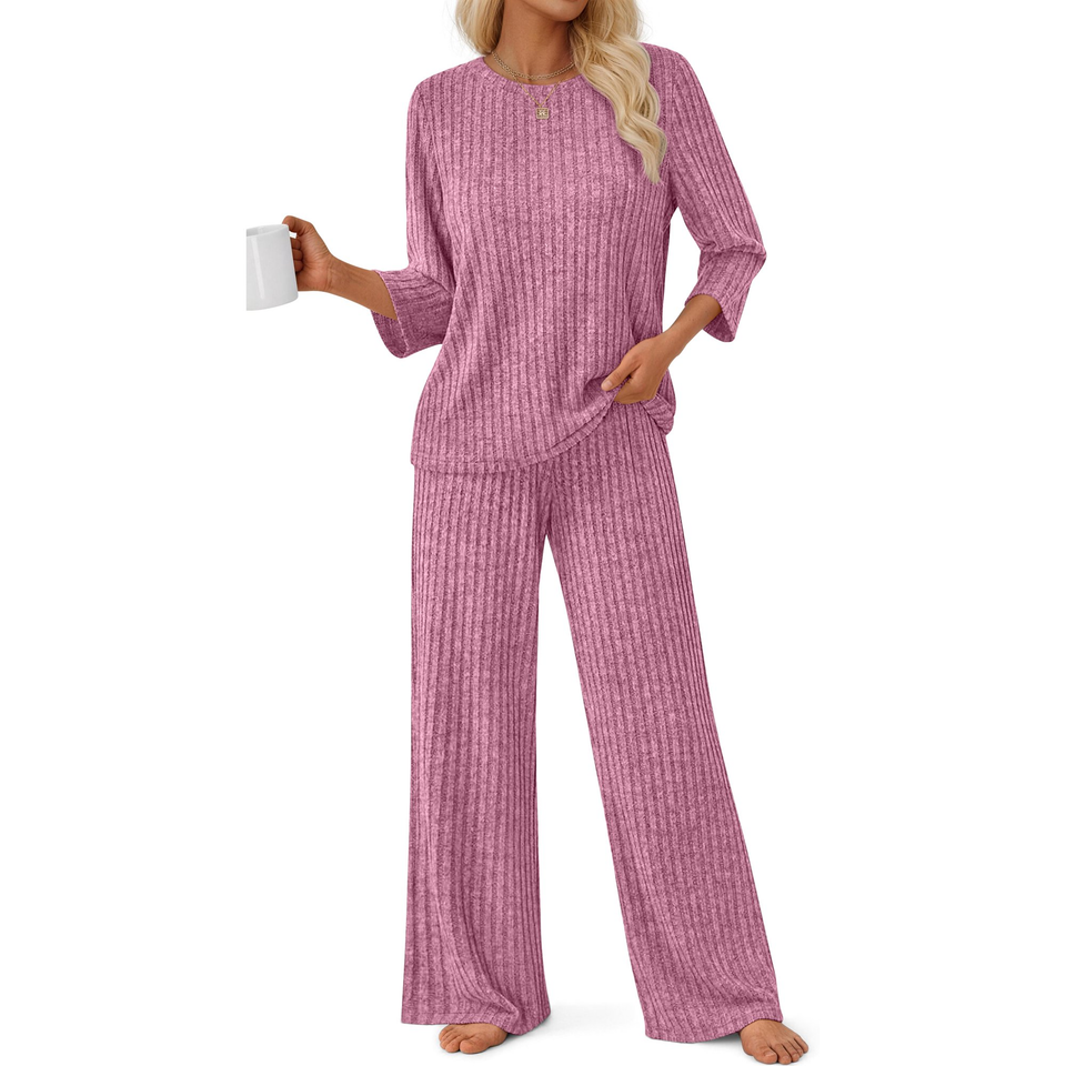 Fantaslook Pajamas Sets for Women Casual Two Piece Lounge Sets 3/4 Sleeve Crew Neck Top Wide Leg Pants Vacation Sweater Outfits