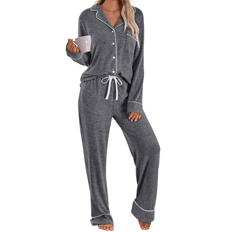 Fantaslook Womens Pajama Sets Long Sleeve Button Down Tops Drawstring Pants Sleepwear Nightwear Soft Pjs Sets with Pockets