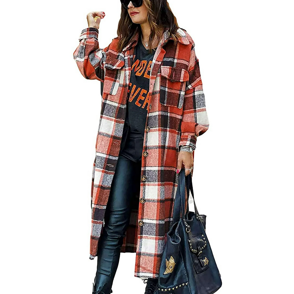 Fantaslook Flannel Shirts for Women Button Up Plaid Shirt Long Pocketed Shacket Jacket Coat